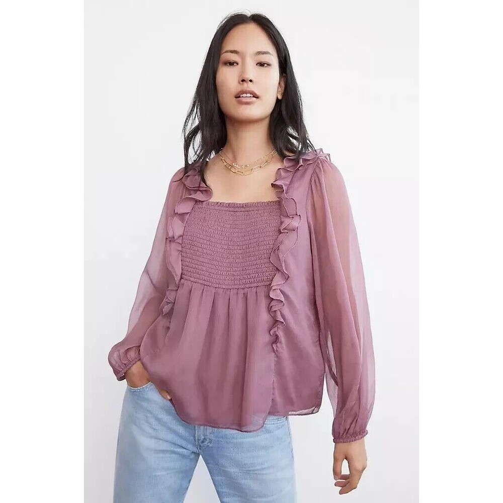 Anthropologie SUNDAY IN BROOKLYN Purple Smocked Fairycore Ruffle Top SIZE MEDIUM